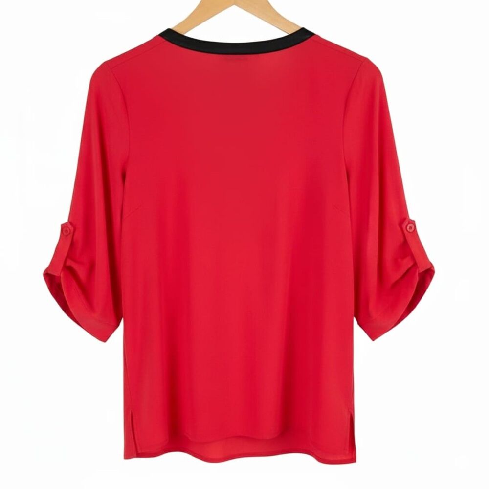 Calvin Klein Red Tunic Top w/Faux Leather Collar Gold Zip & 3/4 Tab Sleeves Sz S - Picture 7 of 7